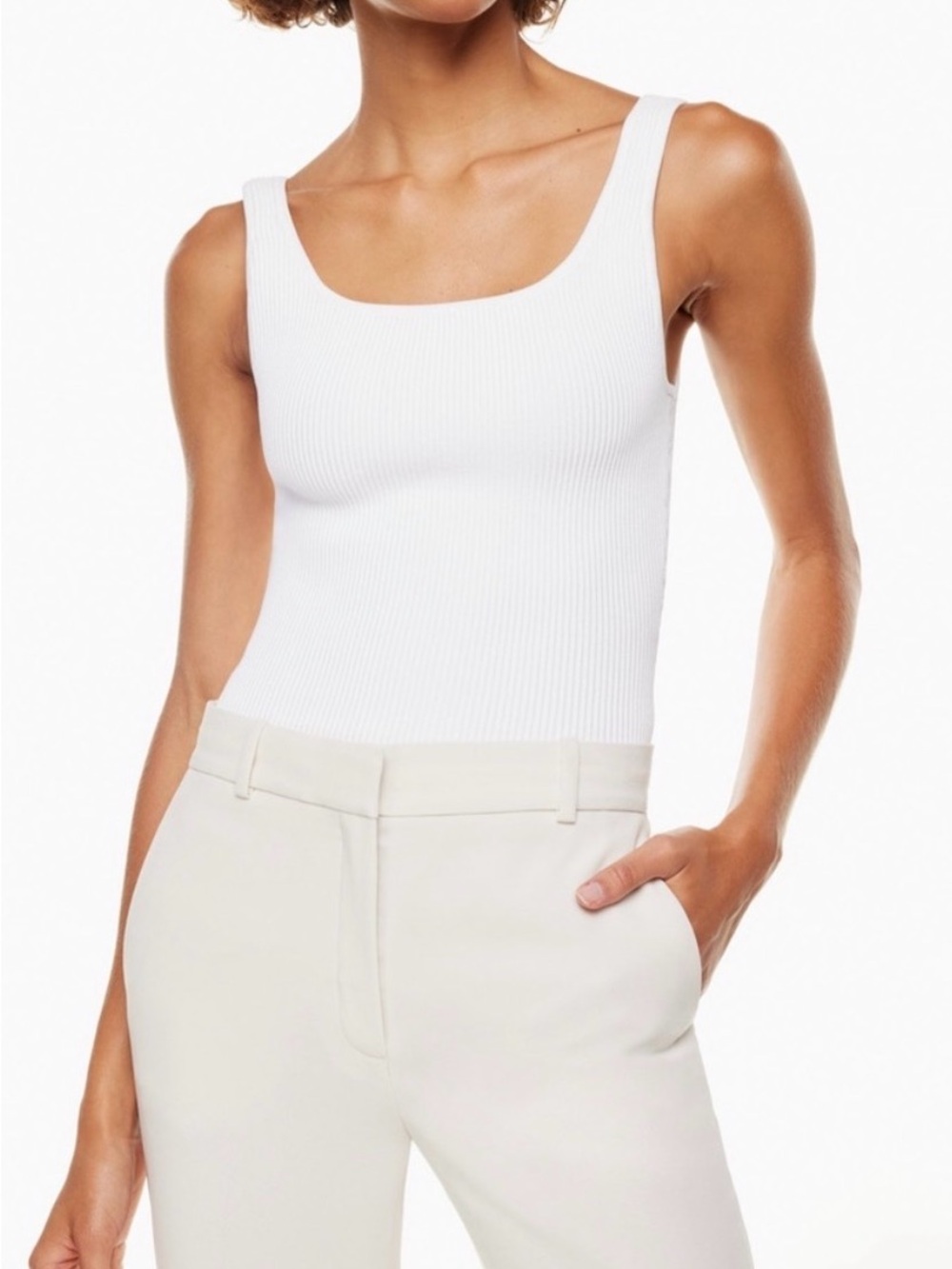 Babaton Aritzia White Ribbed Sculpt Square-Neck Tank